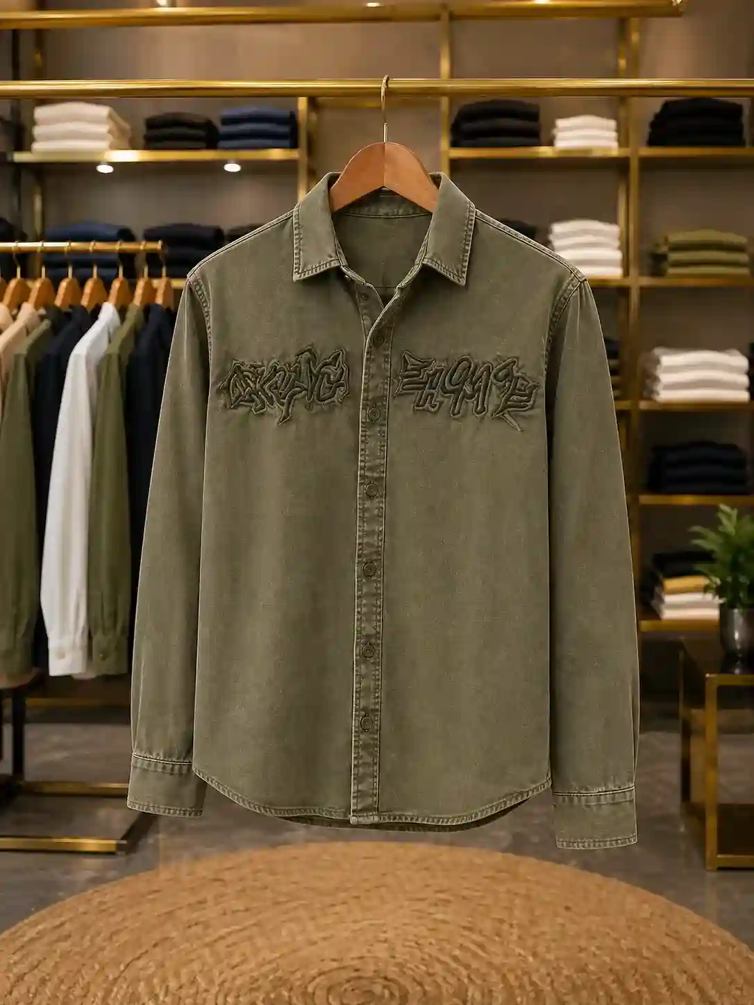 Men's Olive Green Urban Embroidered Denim Shirt